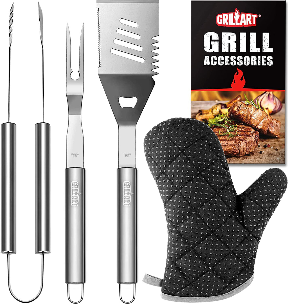 GRILLART Grill Tools Grill Utensils Set 3PCS BBQ Tools Stainless Barbeque Grill Accessories Spatula Tongs Fork with Insulated Glove Ideal BBQ